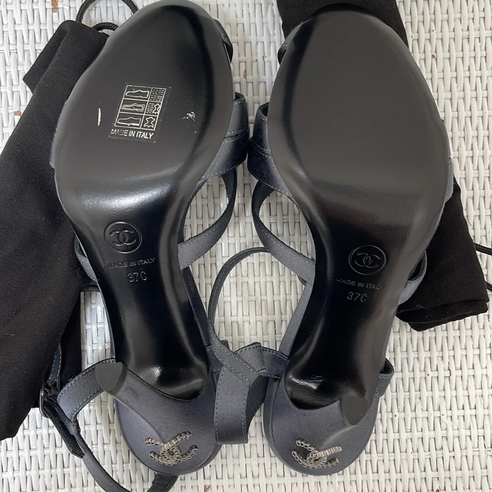 CHANEL embellished blue-grey satin heals sandals size 37 NEW - Picture 7 of 10